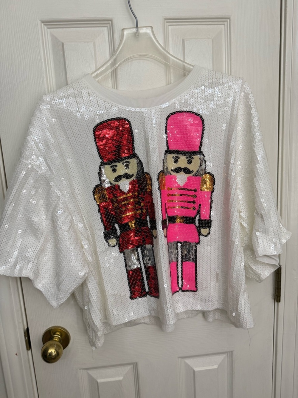 Girls White Sequin Top with Red & Pink Nutcracker Motif